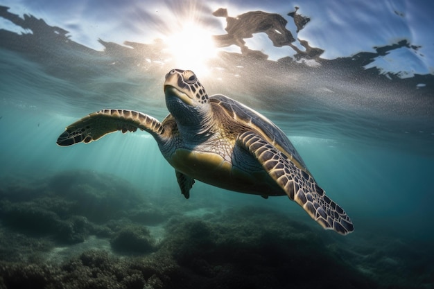 Tortue de mer nageant dans l'océan ouvert avec des vagues et le soleil brillant créé avec l'AI générative