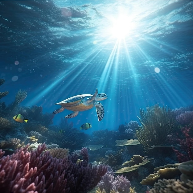 Tortue de mer nageant dans l'océan avec des récifs coralliens sous l'eau Illustration de fond pour le concept de la journée mondiale des océans La vie dans les eaux tropicales illustration générative ai