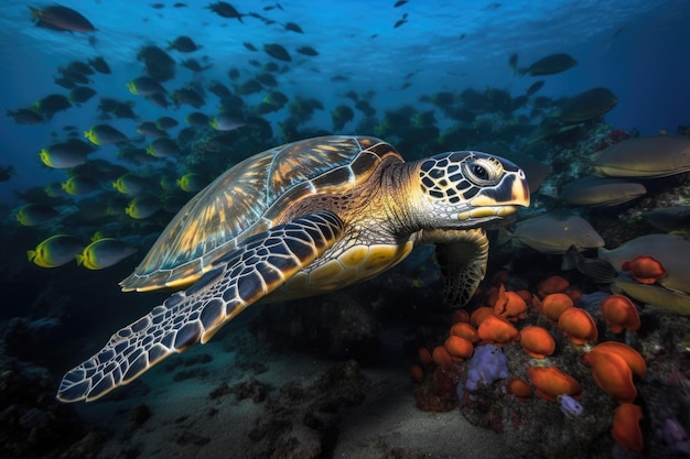 Une tortue de mer passe devant des bancs de poissons colorés créés avec une IA générative