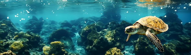 Tortue de mer sous la bannière de l'eau avec espace libre pour la publicité ou le texte