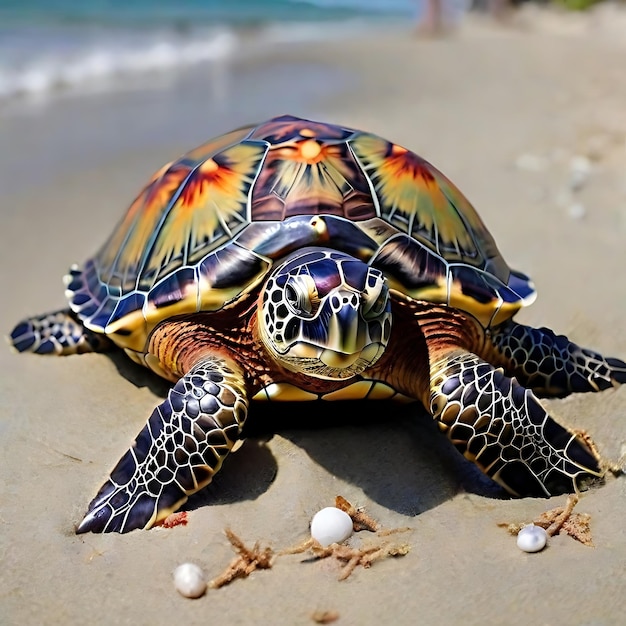 tortue de mer de toutes les couleurs sur le rivage de la plage arrière ai