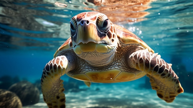 Tortue de mer tropicale nageant lentement dans le paradis sous-marin bleu