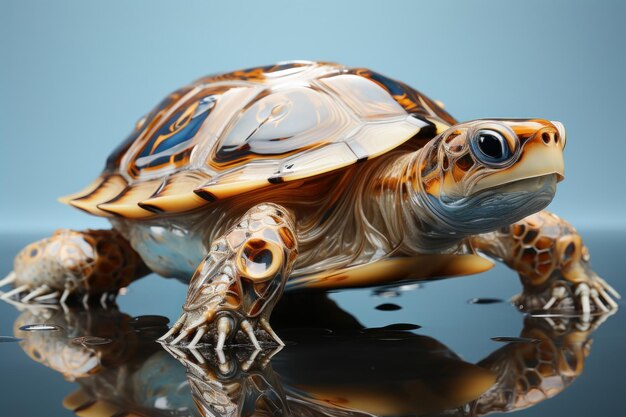 Une tortue en métal liquide sur un fond blanc