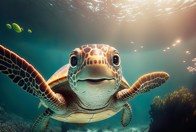 Tortue mignonne de rendu 3D souriant sous la mer