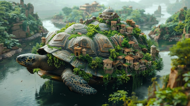 Une tortue migratrice avec une ville sur le dos paysagisme 3D