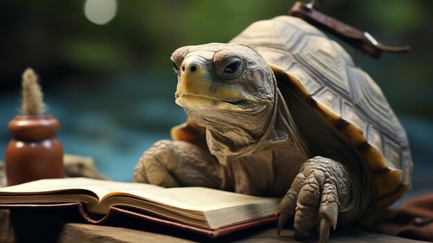 Photo une tortue avec un mini-livre comme un papier peint d'historien