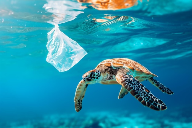 Photo une tortue nage à côté d'un sac en plastique dans l'océan