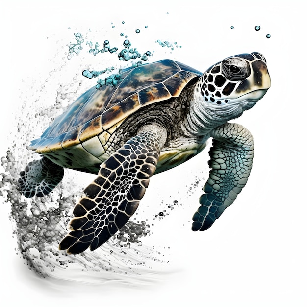 Une tortue nage dans l'eau avec un motif bleu et vert.