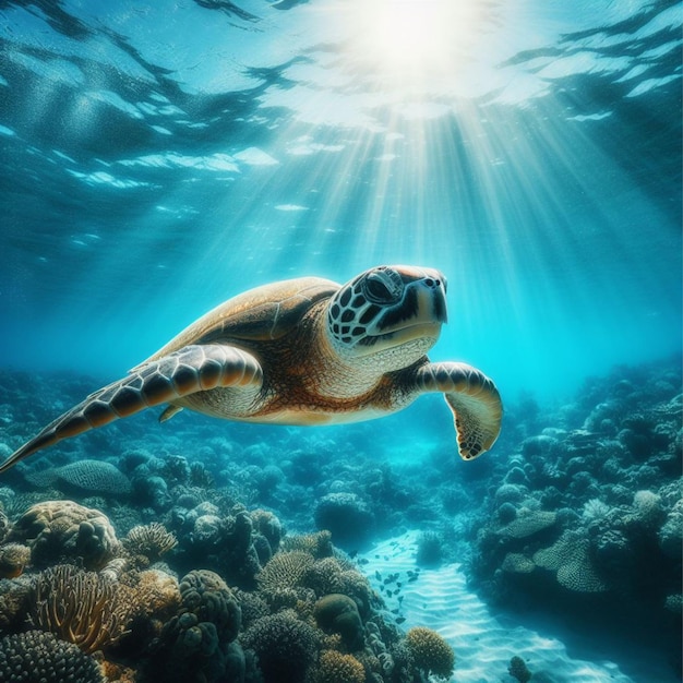 Photo une tortue nage dans la mer.