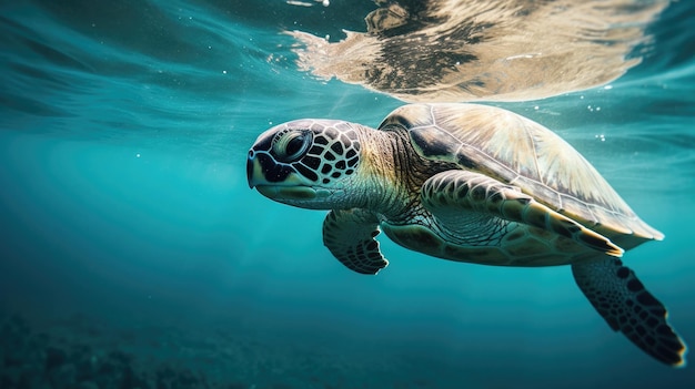 Une tortue nage dans l'océan, avec le mot mer en bas.