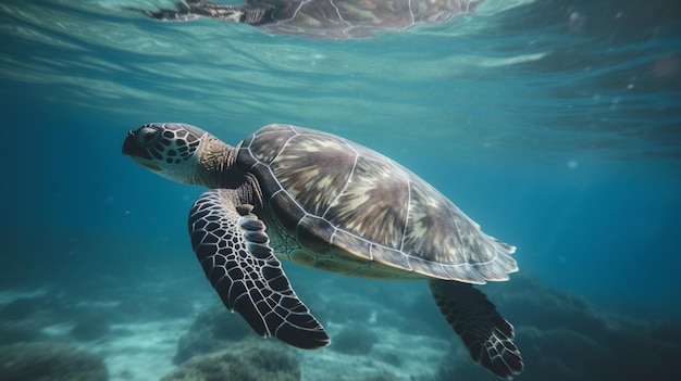 Une tortue nage dans l'océan.