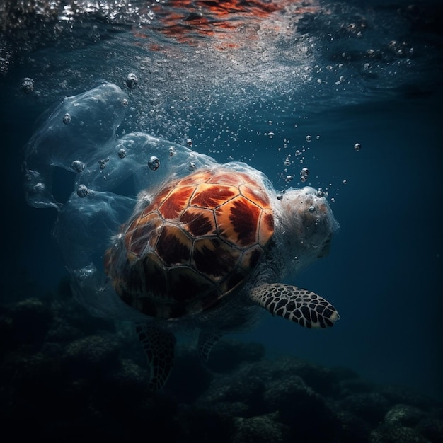 Une tortue nage sous l'eau avec des bulles en arrière-plan.