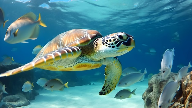 Une tortue nage sous l'eau avec des poissons en arrière-plan.