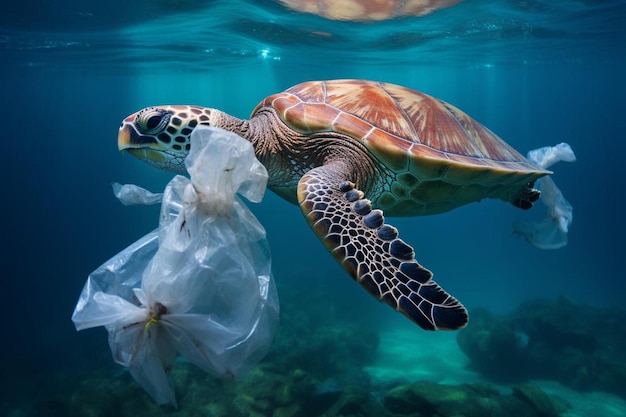 une tortue nageant à côté d'un sac en plastique avec un sac en plastic