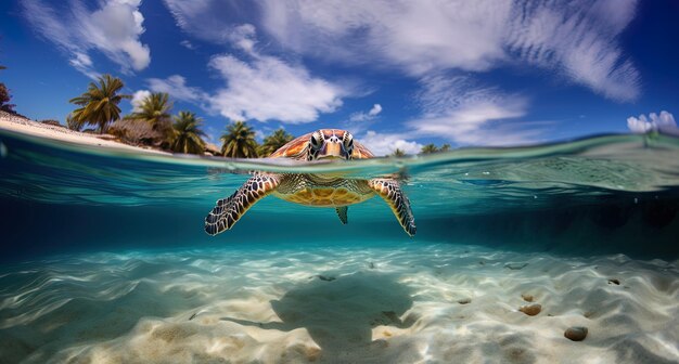 Photo une tortue nageant dans l'eau avec des palmiers en arrière-plan