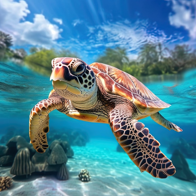 une tortue nageant dans l'eau avec un poisson en arrière-plan