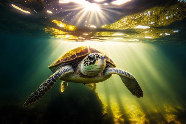 Tortue nageant dans l'océan avec la lumière du soleil qui brille sur son dos AI générative