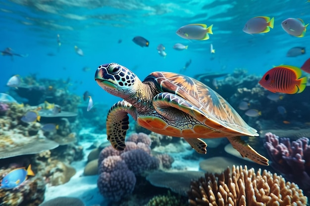 Une tortue nageant avec un groupe de poissons colorés dans une scène sous-marine Generative Ai
