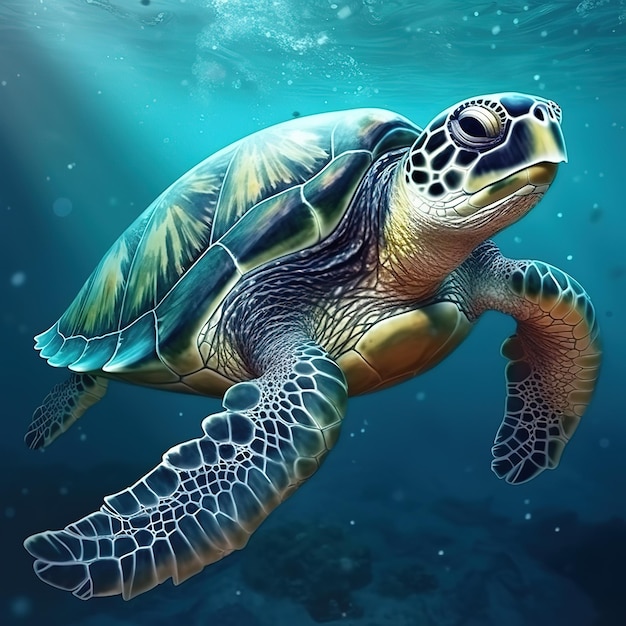 tortue nageant sur la mer bleue