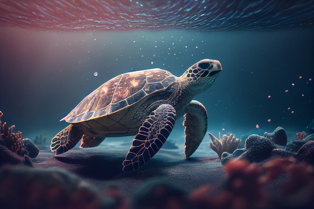 Une tortue nageant sous l'eau avec le soleil qui brille dessus.