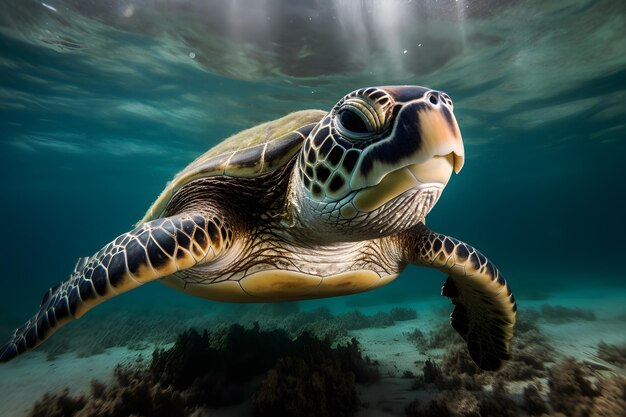 Une tortue nageant sous l'eau