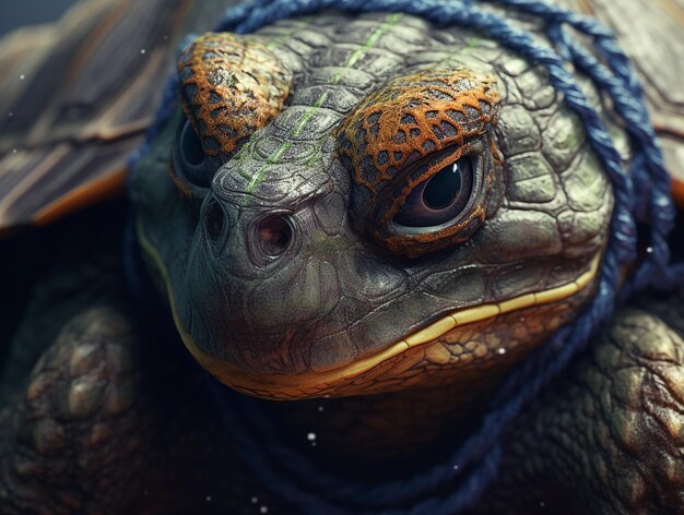 Une tortue avec un oeil bleu et une tête verte.