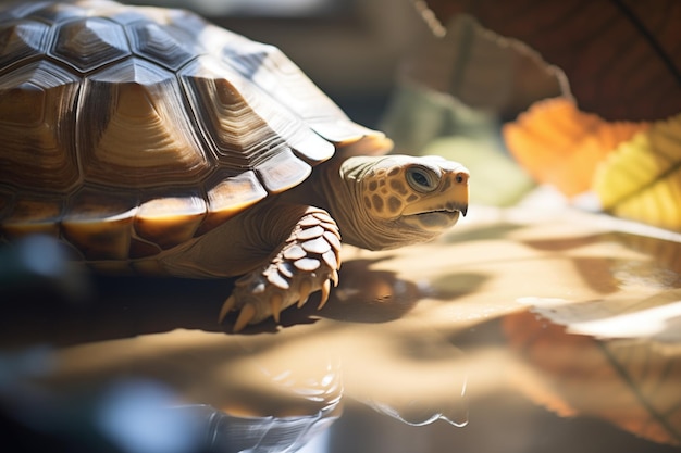 Tortue à l'ombre avec une feuille éclairée par le soleil