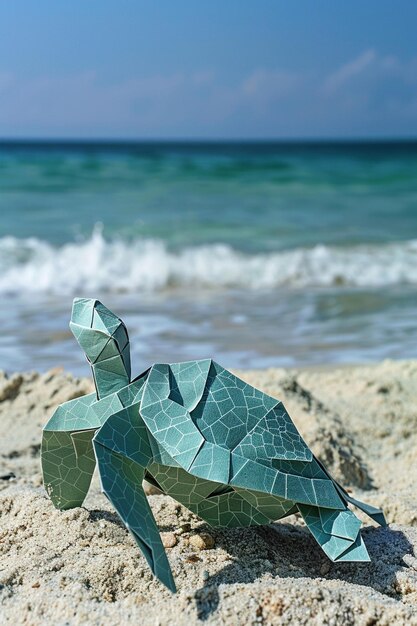 Photo tortue origami sur une plage de sable fin avec des motifs de coquilles complexes