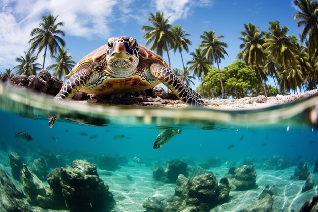 La tortue et la pieuvre nagent dans les récifs tropicaux générés