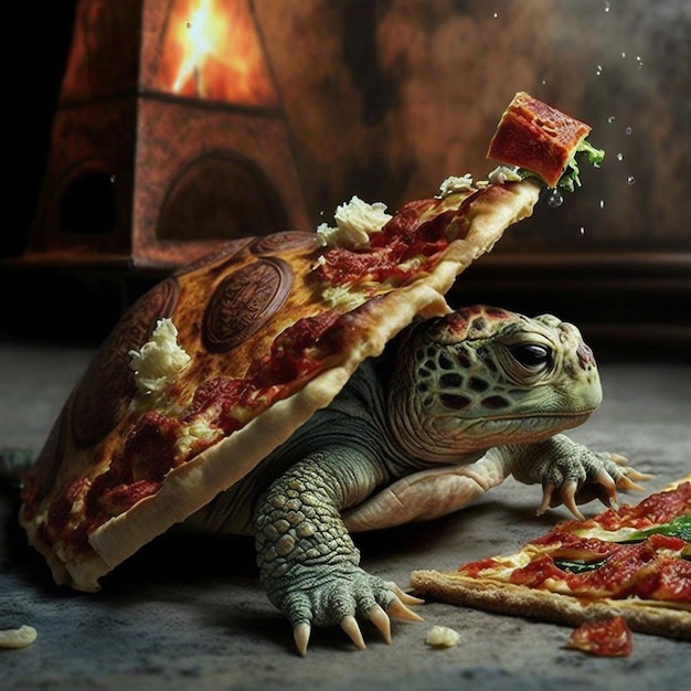 Une tortue avec une pizza sur la tête