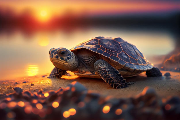 Une tortue sur une plage au coucher du soleil