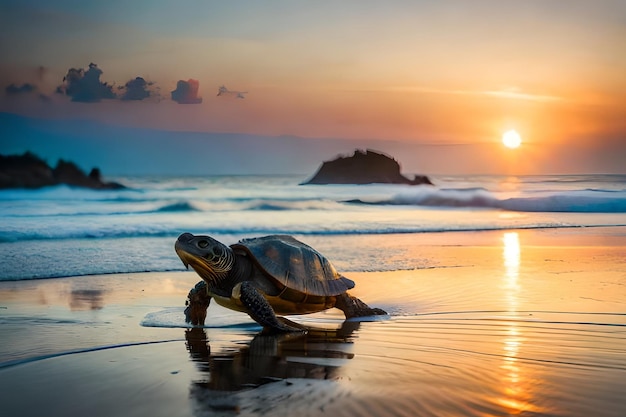 Une tortue sur la plage au coucher du soleil