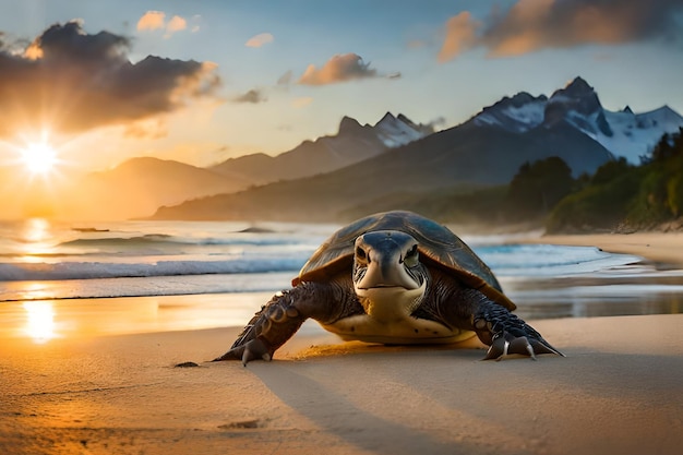 Une tortue sur la plage au coucher du soleil