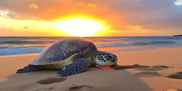 Une tortue sur la plage au coucher du soleil