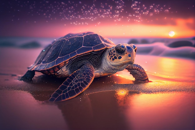 Une tortue sur la plage avec un fond de coucher de soleil.