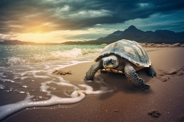 Tortue sur la plage mer en arrière-plan