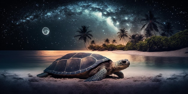 Tortue sur la plage de nuit créée avec une illustration de haute qualité de la technologie générative ai