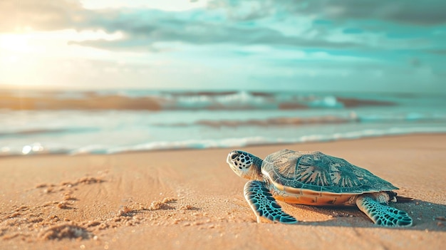 une tortue sur la plage avec l'océan en arrière-plan