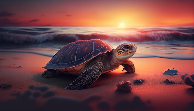 Une tortue sur la plage avec le soleil couchant derrière elle