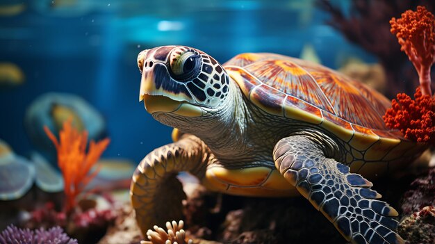 Tortue avec des poissons tropicaux colorés et des animaux marins dans le récif de corail