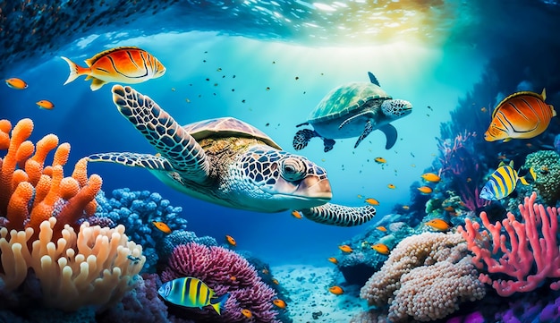 Tortue avec des poissons tropicaux colorés et des animaux marins dans les récifs coralliens animaux sous-marins