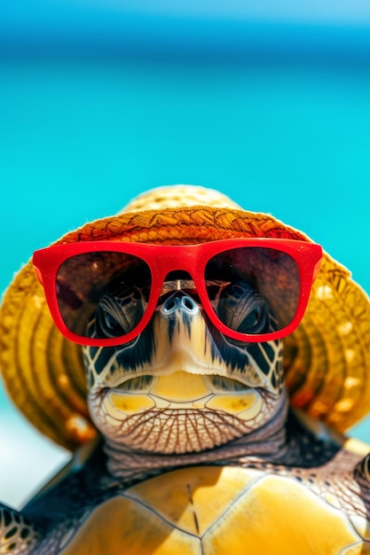 Une tortue portant des lunettes et un chapeau se détend sur une plage tropicale