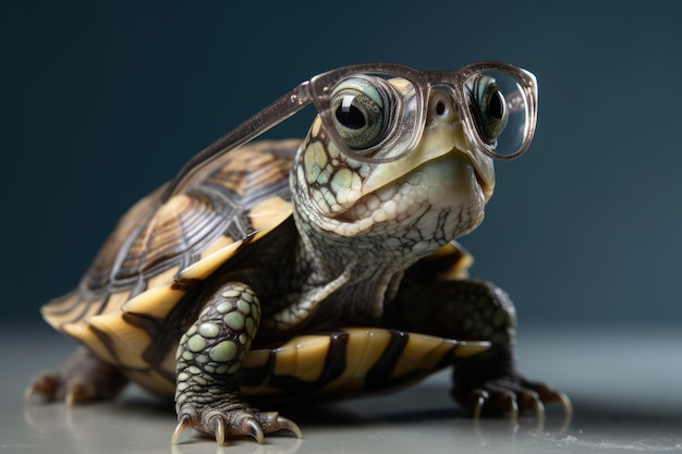 Une tortue portant des lunettes et une paire de lunettes