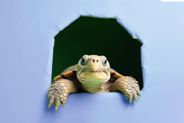 La tortue regarde avec surprise à travers un trou dans le papier sur un fond bleu pastel avec un espace de copie