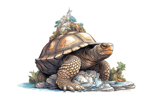 Une tortue sur un rocher avec un château en arrière-plan.