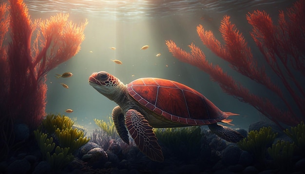 tortue rouge dans l'océan avec des plantes marines