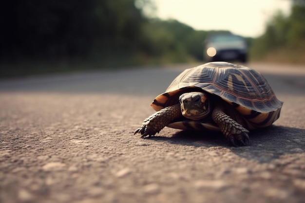 Une tortue sur la route avec une voiture en arrière-plan