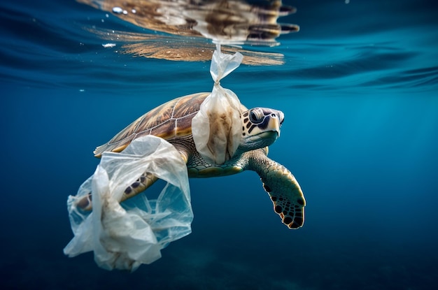 La tortue s'est enchevêtrée dans un sac dans l'océan problème de pollution océanique IA générative