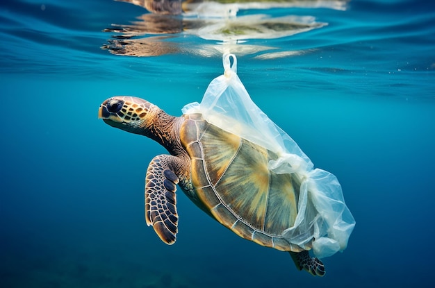 La tortue s'est enchevêtrée dans un sac en plastique dans l'océan Le problème de la pollution environnementale AI générative
