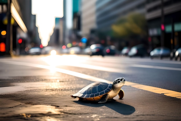 Photo tortue se déplaçant très rapidement dans une rue animée de la ville contenu généré par l'ia